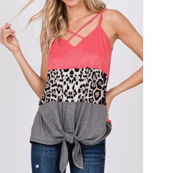 Leopard Print Coral Tie Front Strappy Tank Top! - Picture 3 of 16
